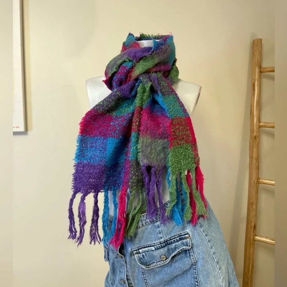 DONEGAL DESIGN Mohair Irish Colorful Plaid Fringe Textured Chunky Scarf